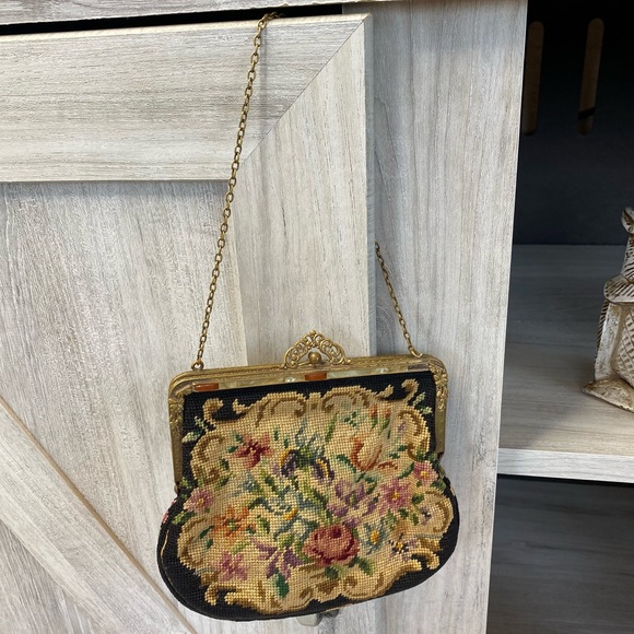 Vintage Handbags - Vintage AUSTRIAN Petite Point Floral Tapestry Evening Handbag Purse